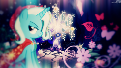Size: 1920x1080 | Tagged: safe, artist:illumnious, artist:the smiling pony, artist:xpesifeindx, derpibooru import, trixie, pony, unicorn, bedroom eyes, cape, clothes, female, flower, looking at you, mare, sideways, tree of harmony, vector, wallpaper