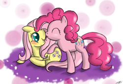 Size: 900x617 | Tagged: safe, artist:speccysy, fluttershy, pinkie pie, earth pony, pegasus, pony, blushing, female, flutterpie, lesbian, licking, shipping