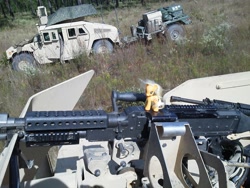 Size: 1296x972 | Tagged: safe, applejack, brushable, gun, humvee, irl, m240, machine gun, meta, military, photo, picatinny rail, toy, weapon