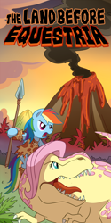 Size: 750x1500 | Tagged: safe, artist:madmax, fluttershy, rainbow dash, dinosaur, pegasus, pony, tyrannosaurus rex, cave pony, cavemare, clothes, dinosaurified, dress, duo, female, fluttersaurus rex, hilarious in hindsight, lava, loincloth, loincloth aside, mare, prehistoric, species swap, volcano