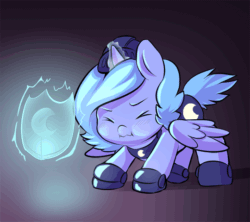 Size: 540x480 | Tagged: safe, artist:ende26, princess luna, alicorn, pony, :i, animated, barrier, cute, ende will be the end of us, eyes closed, female, filly, helmet, hilarious in hindsight, lunabetes, magic, puffy cheeks, scrunchy face, shield, solo, wavy mouth, woona, woona knight