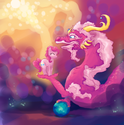 Size: 894x900 | Tagged: safe, artist:bedupolker, pinkie pie, dragon, earth pony, pony, ball, eyes closed, female, horn, mare, pink coat, pink mane, pink tail, smiling