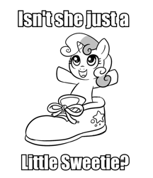 Size: 822x952 | Tagged: safe, artist:madmax, sweetie belle, characters inside shoes, cute, image macro, pun, shoes
