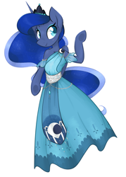 Size: 1000x1400 | Tagged: safe, artist:theluckyangel, princess luna, anthro, arm hooves, blushing, clothes, dress, simple background, smiling, solo, underhoof