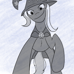 Size: 1135x1135 | Tagged: safe, artist:varemia, derpibooru import, trixie, pony, unicorn, cape, clothes, female, hat, mare, monochrome, perspective, solo, trixie's cape, trixie's hat