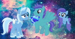 Size: 960x500 | Tagged: safe, artist:mlpdoodlesandstuff, derpibooru import, open skies, trixie, oc, alicorn, pegasus, pony, alicorn oc, alicornified, baby, baby pony, crack shipping, family, female, male, offspring, parent:open skies, parent:trixie, parents:canon x oc, race swap, shipping, straight, trixiecorn