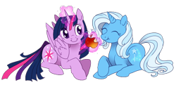 Size: 700x338 | Tagged: safe, artist:shinepawpony, derpibooru import, trixie, twilight sparkle, twilight sparkle (alicorn), alicorn, pony, apple, female, lesbian, mare, shipping, twixie