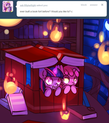 Size: 746x842 | Tagged: safe, artist:haute-claire, derpibooru import, ruby pinch, twilight sparkle, ask, ask ruby pinch, book, book fort, filly, fire, younger