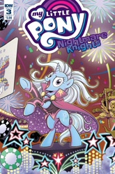 Size: 1054x1600 | Tagged: safe, artist:brendahickey, derpibooru import, idw, grubber, rockhoof, somnambula, trixie, earth pony, pegasus, pony, unicorn, my little pony: the movie, nightmare knights, spoiler:comic, spoiler:comicnightmareknights03, cape, carousel, clothes, comic cover, cover art, female, looking at you, mare, playing card, poker chips, solo focus, stage