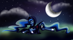 Size: 1024x561 | Tagged: safe, artist:sylvianfox, princess luna, alicorn, pony, cape, clothes, dark brotherhood, grass, looking at you, moon, night, prone, smirk, solo, the elder scrolls