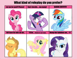 Size: 850x655 | Tagged: safe, derpibooru import, applejack, daring do, fluttershy, pinkie pie, rainbow dash, rarity, twilight sparkle, earth pony, pegasus, pony, unicorn, 6 pony meme, exploitable meme, mane six, meme, roleplay