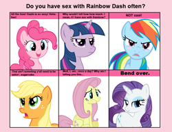 Size: 716x552 | Tagged: safe, derpibooru import, applejack, fluttershy, pinkie pie, rainbow dash, rarity, twilight sparkle, earth pony, pegasus, pony, unicorn, 6 pony meme, bend over, exploitable meme, meme