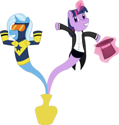 Size: 1891x1974 | Tagged: safe, artist:jewelsfriend, derpibooru import, trixie, twilight sparkle, genie pony, pony, unicorn, booster gold, crossover, female, genie, mare, zatanna