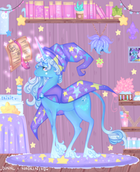 Size: 3000x3700 | Tagged: safe, artist:bunxl, artist:naokin160, derpibooru import, trixie, classical unicorn, pony, unicorn, collaboration, book, clothes, cloven hooves, female, hat, leonine tail, magic, mare, solo, trixie's hat, unshorn fetlocks