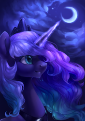 Size: 740x1050 | Tagged: safe, artist:share dast, princess luna, alicorn, pony, crescent moon, magic, moon, night, smiling, solo, stars