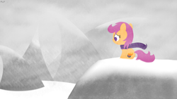 Size: 1280x720 | Tagged: safe, artist:dtcx97, scootaloo, pegasus, pony, clothes, female, post-crusade, scarf, snow, snowfall, solo, solo female