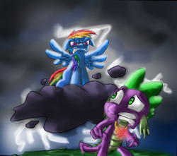 Size: 842x745 | Tagged: safe, artist:supersheep64, rainbow dash, spike, dragon, pegasus, pony, g4, angry, cloud, cloudy, element of loyalty, female, gritted teeth, lightning, mare, new rainbow dash, spread wings, wings