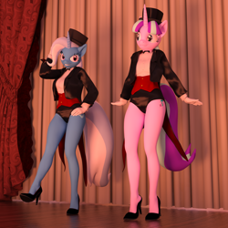 Size: 2000x2000 | Tagged: safe, artist:tahublade7, derpibooru import, starlight glimmer, trixie, anthro, plantigrade anthro, 3d, beautiful, clothes, cute, dancing, daz studio, hat, high heels, legs, leotard, magician, magician outfit, shoes, smiling, tap dancing, top hat, tuxedo