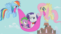 Size: 853x480 | Tagged: safe, screencap, fluttershy, rainbow dash, rarity, spike, dragon, pegasus, pony, unicorn, secret of my excess, cape, clothes