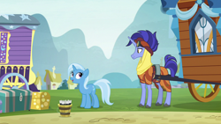 Size: 1280x720 | Tagged: safe, derpibooru import, screencap, hoo'far, trixie, pony, saddle arabian, unicorn, road to friendship, clothes, duo, female, goggles, male, mare, ms. powerful, stallion