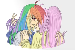 Size: 1122x752 | Tagged: safe, artist:ketsuzoku, fluttershy, rainbow dash, human, blushing, bust, clothes, female, flutterdash, holding hands, humanized, lesbian, long hair, ponytail, shipping, simple background, sweater, sweatershy, white background