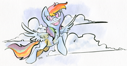 Size: 1256x653 | Tagged: safe, artist:php27, rainbow dash, pegasus, pony, cloud, flying, looking at you, smiling, solo, traditional art, watercolor painting