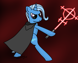 Size: 921x748 | Tagged: safe, artist:waterlooart, derpibooru import, edit, trixie, pony, bipedal, cloak, clothes, lightsaber, star wars