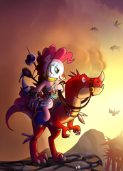 Size: 1080x1500 | Tagged: safe, artist:madmax, pinkie pie, dinosaur, earth pony, pony, velociraptor, clown makeup, duo, face paint, female, game, hoof hold, horde, makeup, mare, ponies riding dinosaurs, reins, riding, skull, smirk, vol'jin, warcraft, warrior, wat, weapon, wide eyes, world of warcraft