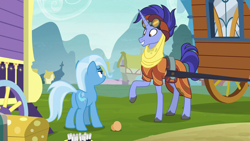 Size: 1280x720 | Tagged: safe, derpibooru import, screencap, hoo'far, trixie, pony, saddle arabian, unicorn, road to friendship, clothes, duo, female, goggles, male, mare, ms. powerful, raised hoof, shipping fuel, stallion