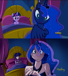 Size: 805x900 | Tagged: safe, artist:skyeypony, princess luna, twilight sparkle, twilight sparkle (alicorn), alicorn, human, do princesses dream of magic sheep, :o, bed, cute, frown, humanized, lunabetes, scene interpretation, wide eyes