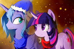 Size: 1100x731 | Tagged: safe, artist:skyeypony, princess luna, twilight sparkle, unicorn twilight, alicorn, pony, unicorn, clothes, female, hat, lesbian, s1 luna, scarf, shipping, snow, snowfall, twiluna