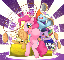 Size: 1120x1050 | Tagged: safe, artist:hoyeechun, derpibooru import, applejack, fluttershy, pinkie pie, rainbow dash, rarity, twilight sparkle, earth pony, pegasus, pony, unicorn, food, food fight, mane six, pie