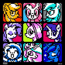 Size: 420x420 | Tagged: safe, artist:branewashpv, derpibooru import, applejack, fluttershy, pinkie pie, princess celestia, princess luna, rainbow dash, rarity, trixie, twilight sparkle, alicorn, earth pony, pegasus, pony, unicorn, clothes, colored background, eyes closed, female, hat, looking at you, mare, one eye closed, open mouth, pixel art, raised hoof, smiling, trixie's hat, wink