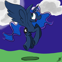 Size: 2000x2000 | Tagged: safe, artist:rainbowcrashrules12, princess luna, alicorn, pony, flying, happy, moon, solo