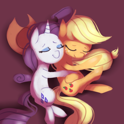 Size: 600x600 | Tagged: safe, artist:karzahnii, applejack, rarity, earth pony, pony, unicorn, cuddling, cute, eyes closed, female, hug, lesbian, lying, lying down, on side, rarijack, shipping, sleeping, smiling, snuggling