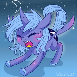 Size: 900x900 | Tagged: safe, artist:silbersternenlicht, princess luna, bat pony, pony, crescent moon, eyes closed, fangs, filly, lunabat, moon, open mouth, race swap, solo, transparent moon, woona