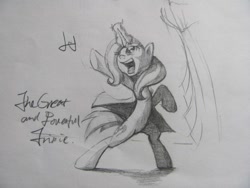 Size: 853x640 | Tagged: safe, artist:lililioon, derpibooru import, trixie, pony, bipedal, monochrome, solo, traditional art