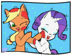 Size: 900x691 | Tagged: safe, artist:liyuku, applejack, rarity, earth pony, pony, unicorn, female, food fight, horn, mare