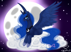 Size: 1000x738 | Tagged: safe, artist:heartscharm, princess luna, alicorn, pony, cloud, moon, night, solo