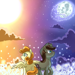 Size: 1000x1000 | Tagged: safe, artist:madmax, oc, oc only, oc:jigsaw, oc:tiptoe, pegasus, pony, unicorn, fanfic:antipodes, artifact, broken moon, duo, fanfic, fanfic art, fanfic cover, female, mare, moon, shattered moon, split sky, spread wings, sun, wings
