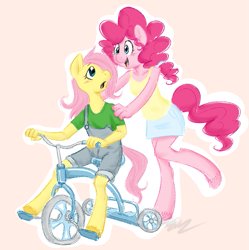 Size: 675x678 | Tagged: source needed, useless source url, safe, artist:cartoonlion, fluttershy, pinkie pie, anthro, earth pony, pegasus, unguligrade anthro, child, clothes, dungarees, female, flutterpie, foal, hooves, lesbian, shipping, skirt, tanktop, tricycle, unshorn fetlocks, wingless, wingless anthro