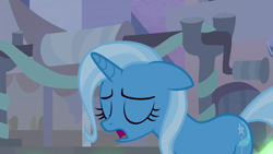 Size: 1280x720 | Tagged: safe, derpibooru import, screencap, trixie, pony, unicorn, road to friendship, eyes closed, female, mare, ms. powerful, solo