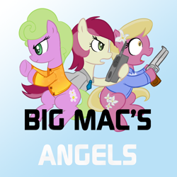 Size: 1000x1000 | Tagged: safe, artist:166, artist:madmax, daisy, flower wishes, lily, lily valley, roseluck, blue background, charlie's angels, flower trio, gradient background, gun, parody, simple background