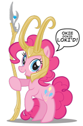 Size: 660x993 | Tagged: safe, artist:hezaa, pinkie pie, earth pony, pony, loki, mind stone, okie doki loki, scepter