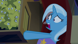 Size: 1280x720 | Tagged: safe, derpibooru import, screencap, trixie, pony, unicorn, road to friendship, female, mare, open mouth, scared, solo, stars