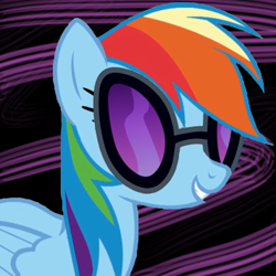 Size: 355x355 | Tagged: safe, rainbow dash, pegasus, pony, abstract background, female, mare, solo, sunglasses, vinyl scratch's glasses