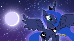 Size: 1023x575 | Tagged: safe, artist:azureprane, princess luna, alicorn, pony, discovery family logo, moon, night, solo