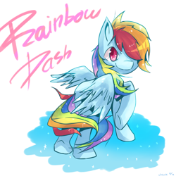 Size: 700x700 | Tagged: safe, artist:cheerubi, rainbow dash, pegasus, pony, cutie mark, female, looking over shoulder, raised hoof, simple background, smiling, solo, sparkles, wings