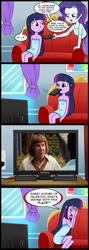 Size: 713x2000 | Tagged: safe, artist:madmax, edit, rarity, twilight sparkle, equestria girls, bucky larson born to be a star, comic, exploitable meme, humanized, mouth hold, remote, tv meme, what's wrong with this place