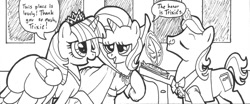 Size: 1312x544 | Tagged: safe, artist:abronyaccount, derpibooru import, edit, trixie, twilight sparkle, twilight sparkle (alicorn), alicorn, cropped, crown, female, jewelry, lesbian, monochrome, regalia, shipping, twixie